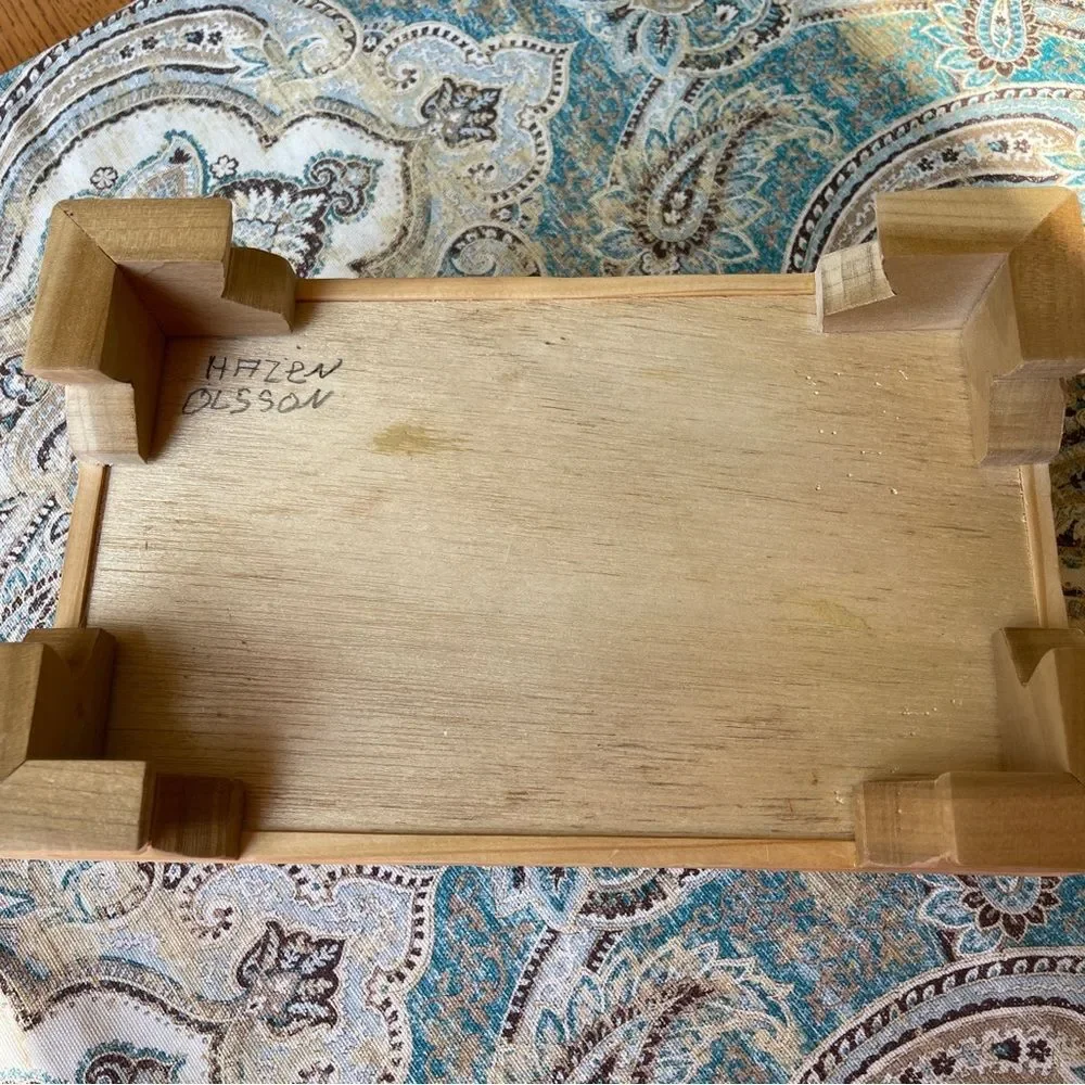 Artisan Signed Striped Hardwood Jewelry Keepsake Box Red Lined Footed